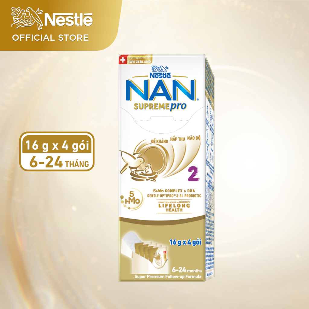 Sữa bột Nestlé NAN SupremePro 2 Hộp 4x16g với 5HMO & đạm Gentle Optipro nhập khẩu từ Đức