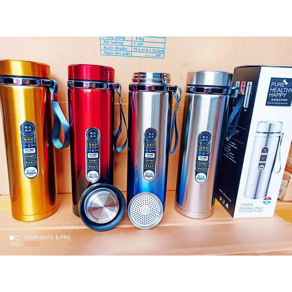 Bình Giữ Nhiệt 800,1000ml Inox 304 2 Lớp Giữ Nhiệt Tối Ưu 10h Tặng Kèm Lưới Lọc Trà Và Dây Treo Giao Màu Ngẫu Nhiên