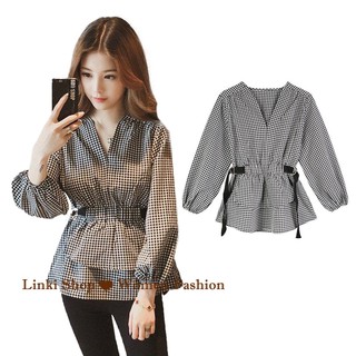 Áo Sơ Mi Nữ Tay Dài Cổ Chữ V Họa Tiết Caro Thời Trang