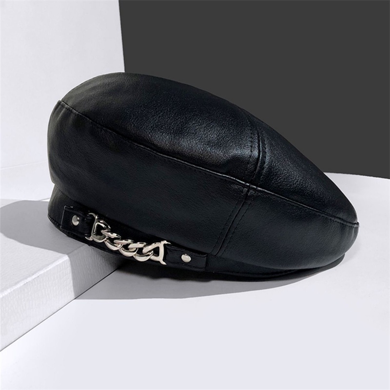Mũ beret màu trơn phối dây xích kim loại phong cách vintage thanh lịch cho nữ