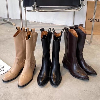 (Video tự quay) Giày boots (bốt) da PU đế thấp mũi nhọn cao bồi hot trend ulzzang Hàn Quốc [Yannie]