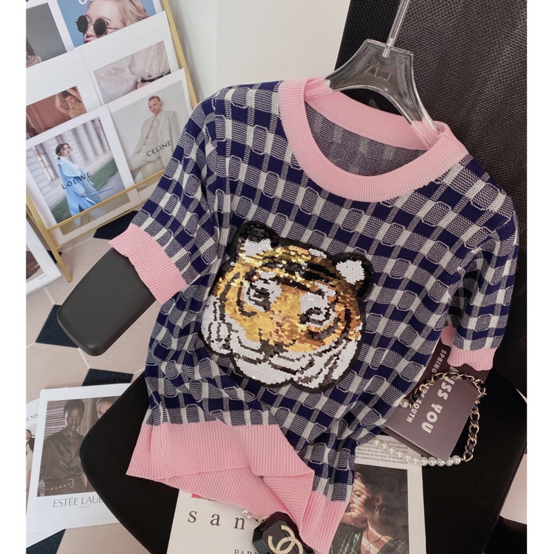 AMOI Áo Thun Tay Ngắn Họa Tiết Sọc Caro Đính Kim Sa Xinh Xắn Cho Nữ