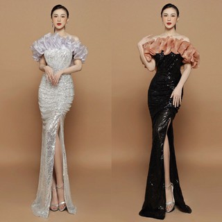Đầm dạ hội kim sa cúp ngực phối lưới thiết kế cao cấp (đầm dự tiệc cao cấp) tăng hoa tai thời trang