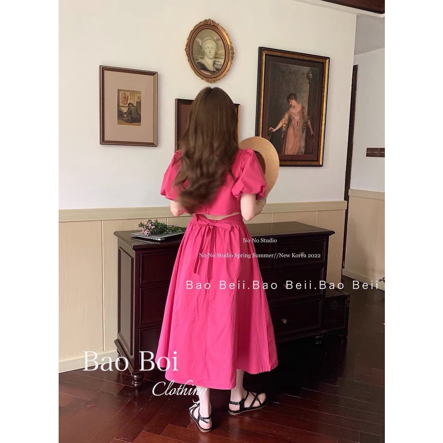 Đầm xòe Midi tay phồng hở eo tiểu thư