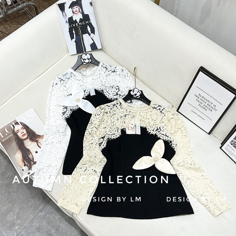 Áo sơ mi khoét cổ vai ren kèm tag hoa