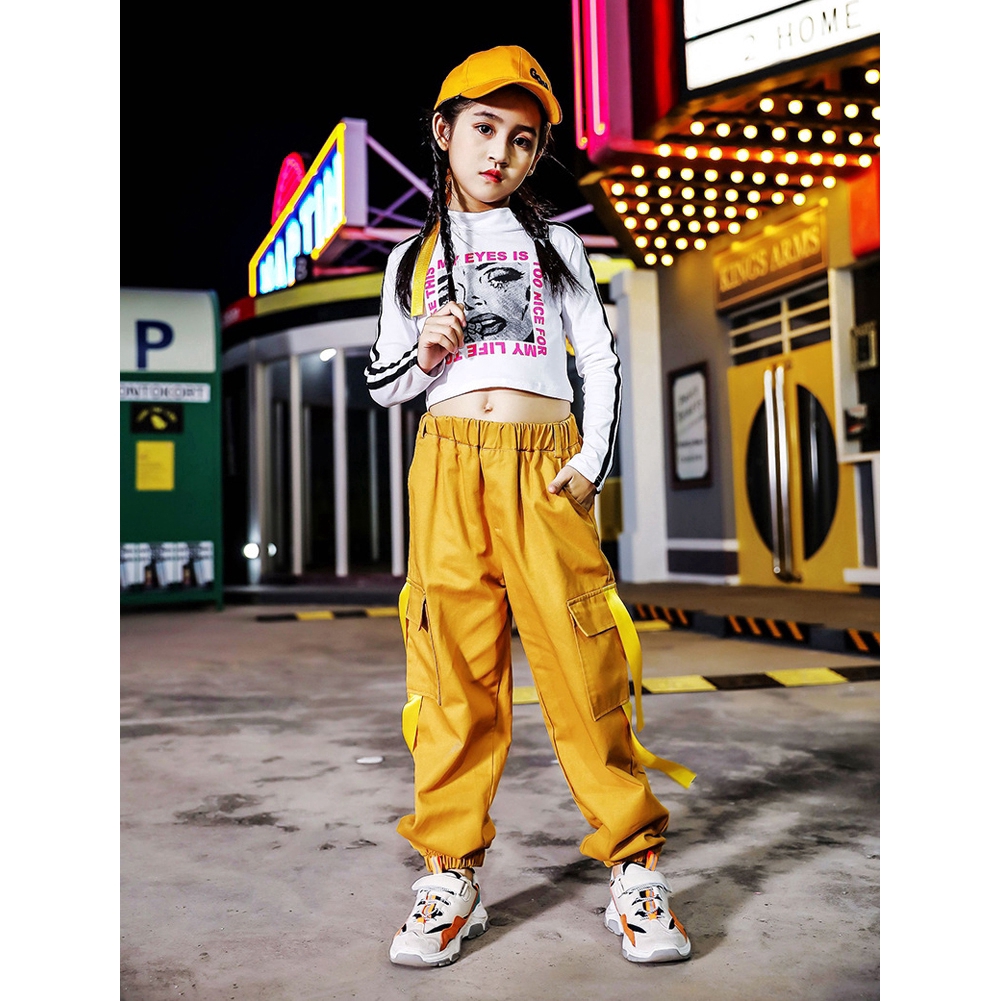 Bộ Áo Croptop Tay Dài Phối Quần Dài Kiểu Hip-Hop Thời Trang Cho Bé Gái