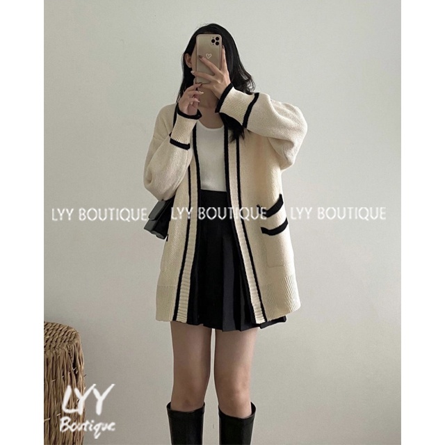 Áo cardigan len trơn viền nổi không cúc 2 túi trước 2 màu đen trắng LYY BOUTIQUE | BigBuy360 - bigbuy360.vn