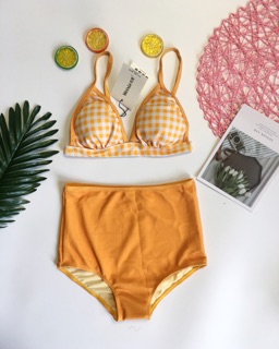 Bikini caro vàng cạp cao( kèm hình thật )