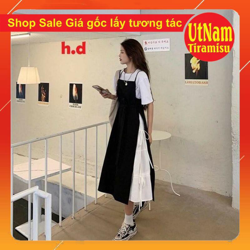 Sét váy 2 dây buộc eo phối váy trắng dáng xòe + áo thun trắng chất tuyết mưa basic nữ