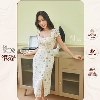 Váy đầm hoa nhí suông xẻ tà She, váy hoa voan cột dây lưng thanh lịch SDX128