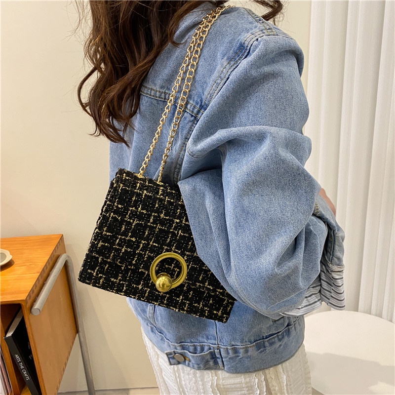 Túi Đeo JASMIN NOIR Chéo Nữ Vải Len Phối Dây Xích Thời Trang Xinh Xắn