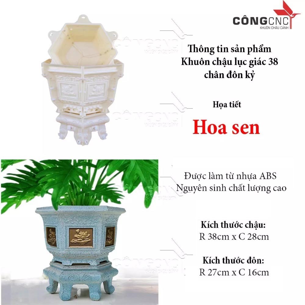 Khuôn Đổ Chậu ABS, Khuôn Chậu Lục Giác 38 (Hoa Sen) Chân Đôn Kỷ