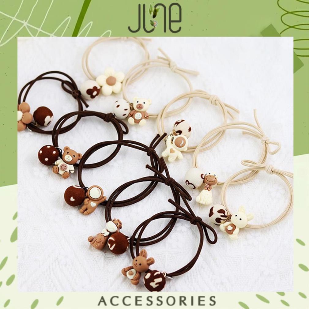 Sét 5 dây buộc tóc nâu, kem nhiều hình ngộ nghĩnh dễ thương dành cho nữ, June accessories