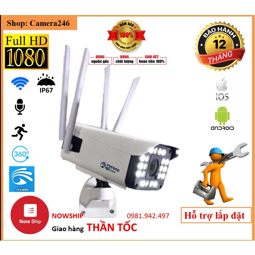 Camera Yoosee Thân Xoay 4 Râu 20 Đèn 3.0MPX Siêu Nét- Góc Rộng- Chịu Nắng Mưa- Có MÀU