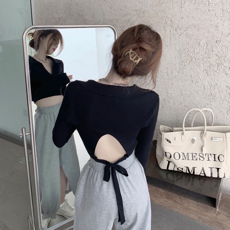 Áo Len Croptop Tay dài màu đen
