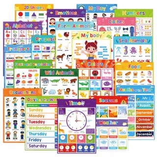 Bộ 20 tấm poster hình trái cây/động vật/động vật màu sắc dạy học trang trí lớp a4