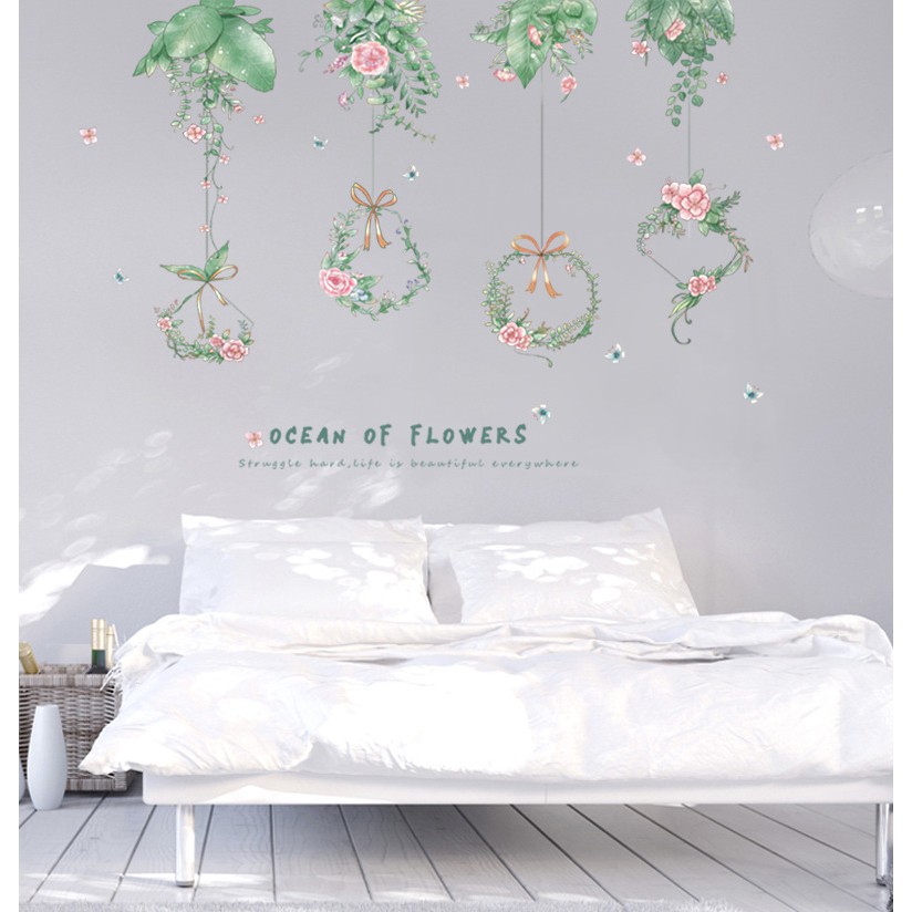 Tranh decal dán tường GIỎ HOA MỚI cực đáng yêu- Decal dán tường trang trí phòng khách
