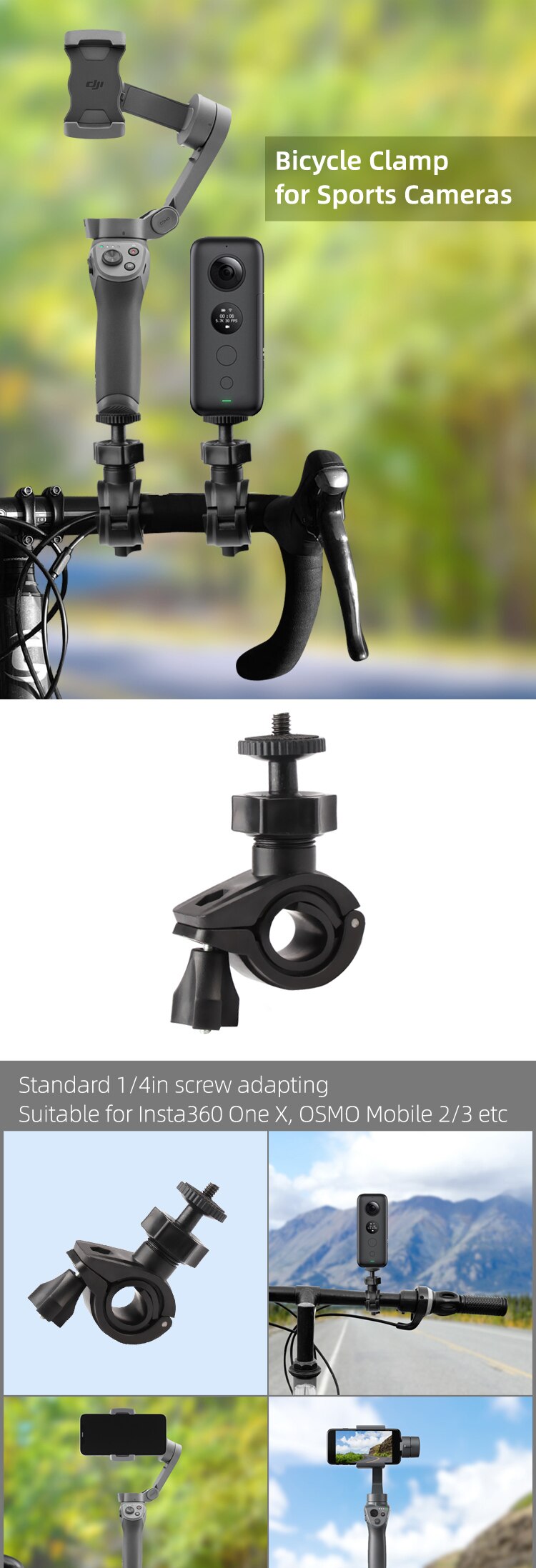 1 / 4in Bicycle Phone Holder For Pocket 2 / Om 4 / Inta360 One X2 / X / Osmo Mobile 2 3