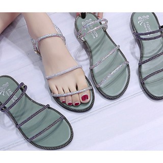 Sandal Nhiều Dây 🌺 b36 Đế Bệt/ Sandal Dây Đính Đá Lấp Lánh/Đế 1cm/Dây Đeo Trước Hoặc Sau Chân