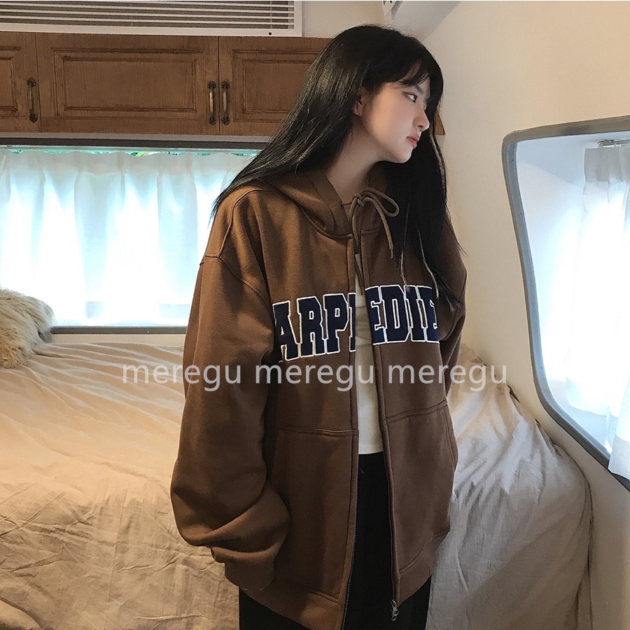 Áo Khoác Sweater Có Khóa Kéo Thêu Chữ Phong Cách Retro Mỹ 2022 Cho Nữ