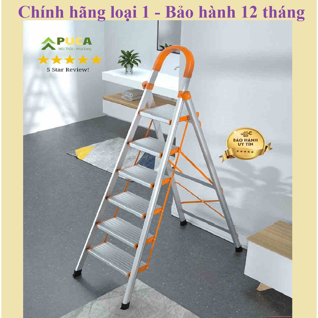 Thang nhôm thiết kế ghế tay vịn khung inox PUCA 3,4,5,6,7 bậc chiều cao 0.7 đến 1.7m bảo hành 12 tháng