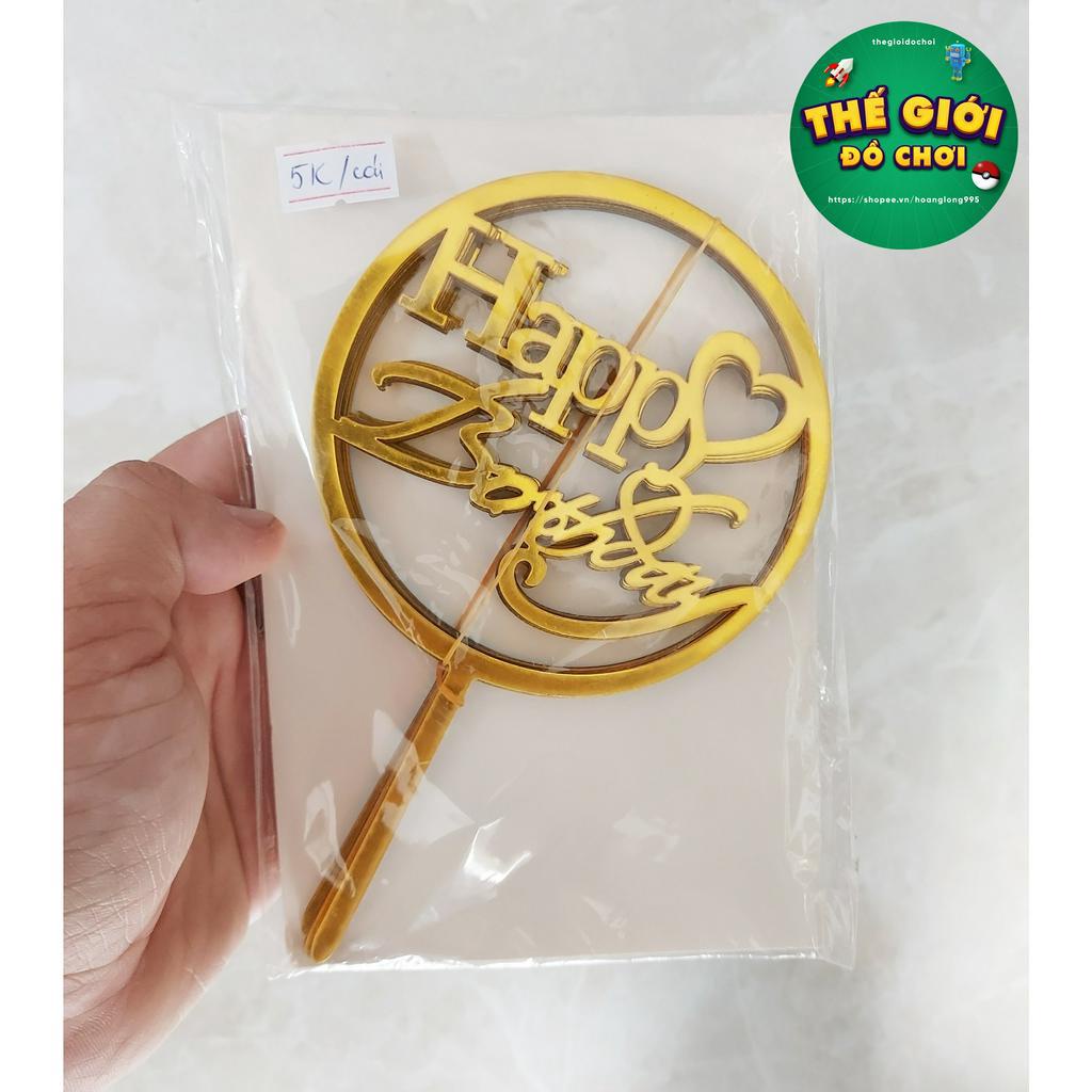 Que hình tròn Happy Birthday cắm Mica bánh kem, trang tri sinh nhật, topper bánh kem