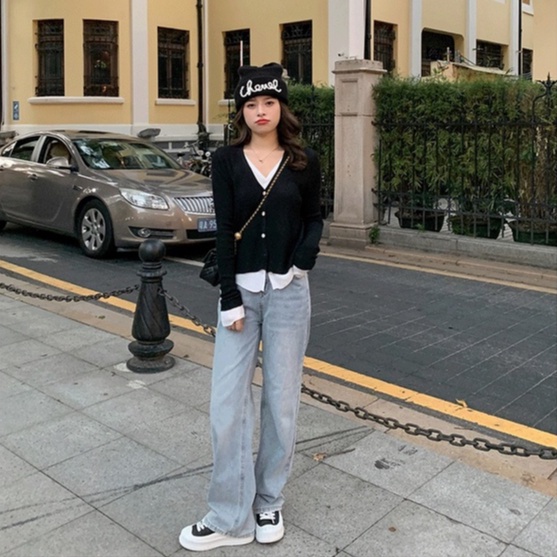 Áo len ZHELIHANGFEI tay dài cổ chữ V giả hai lớp thời trang dễ phối đồ