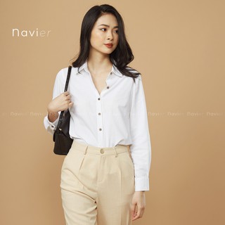 ÁO SƠ MI TRẮNG NỮ DÀI TAY CÔNG SỞ CỔ ĐỨC BASIC VẢI ĐŨI - LINEN SHIRT SM01 NAVIER