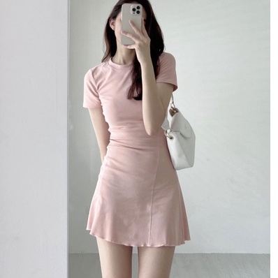 Váy thun body may viền cotton 4 màu ulzzang nữ 🎁 Nana's House - FREESHIP 🎁 Đầm ôm mini cổ tròn tay cộc phong cách nữ