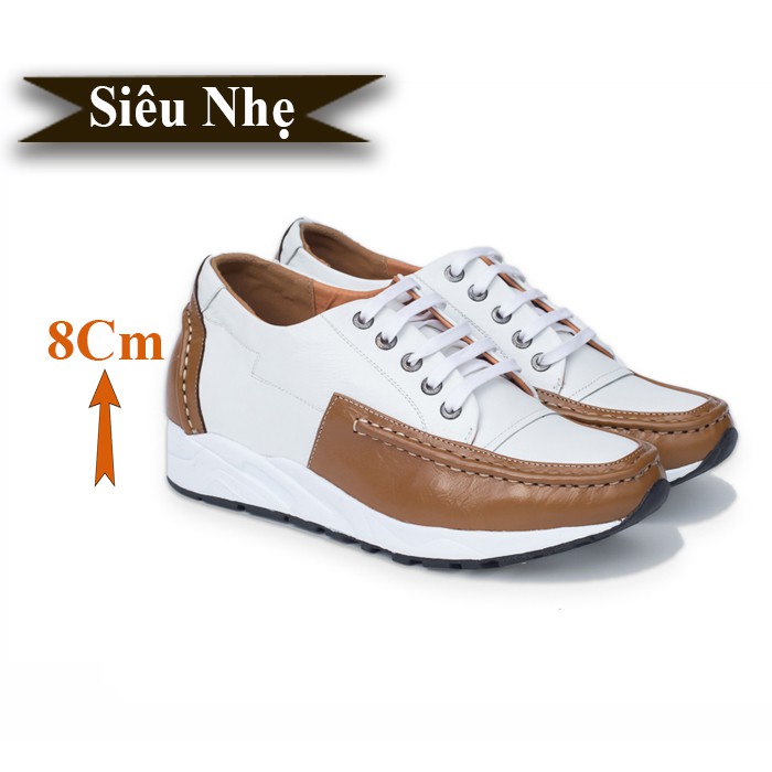 GIÀY ĐỘN NAM SIÊU NHẸ- SIÊU ÊM T&TRA  CAO 8CM-T27 TRẮNG NÂU -DA BÒ THẬT 100%