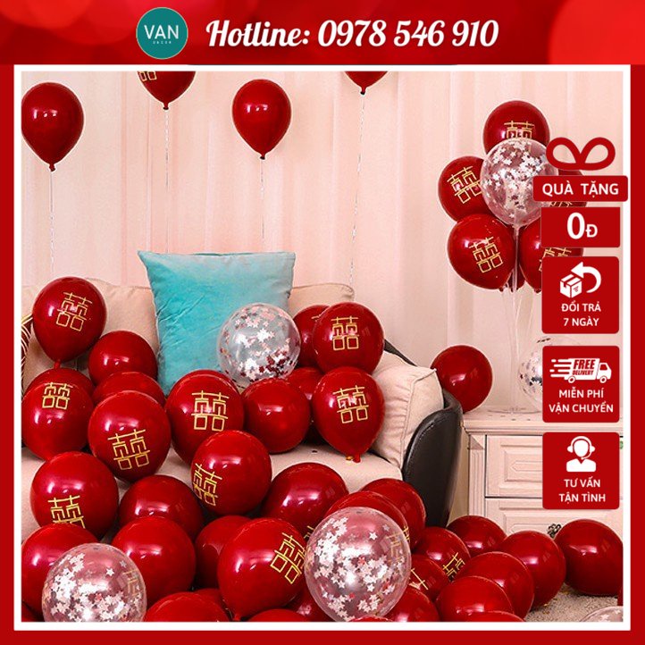 Bóng bay lựu 2 tầng chữ hỷ trang trí đám cưới, trang trí phòng cưới, phòng tân hôn