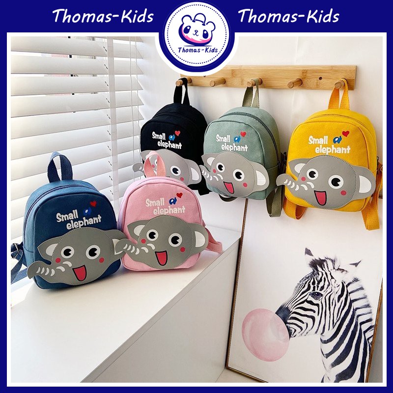 [THOMAS KIDS] Ba Lô Bằng Vải Canvas In Họa Tiết Voi Hoạt Hình Dễ Thương Thời Trang Dành Cho Bé 4-7 Tuổi