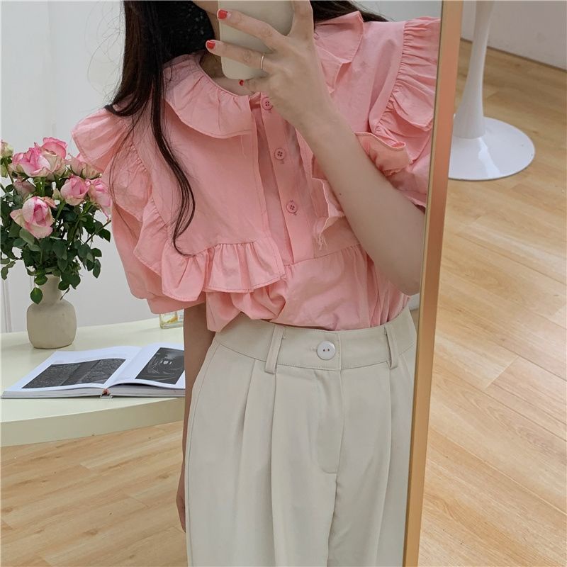 Áo Sơ Mi Cổ Búp Bê Tay Phồng Dáng Rộng Màu Trơn Phong Cách Hàn Quốc Mới