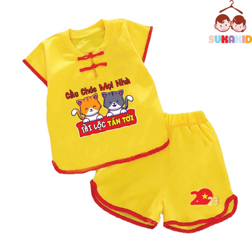 Gía sỉ Bộ quần áo tết hinh 2 con mèo cầu chuc mọi nhà tấn tài tấn lộc cho bé nút tàu tết bé từ 6kg-29kg.NT06.