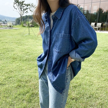 Áo sơ mi denim tay dài có túi phong cách Hàn Quốc cho nữ