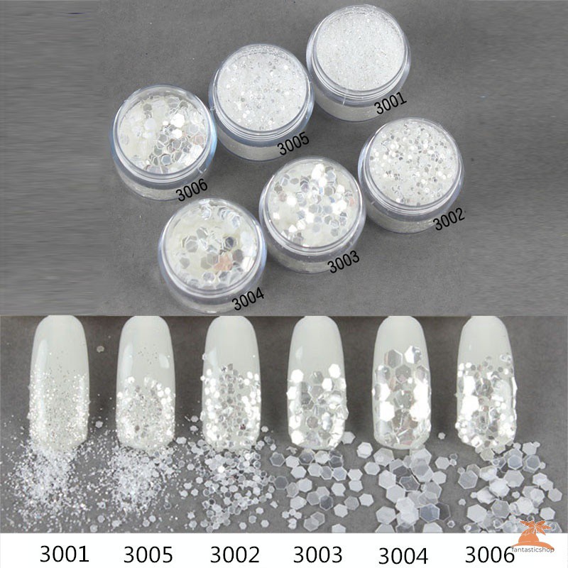 ☞Nail Art☜ Nailglitter 10ml/Box White Silver Nail Glitter Shimmer Powder 1mm 2mm 3mm Bling Nail Art Decoration for UV Gel Nail Polish