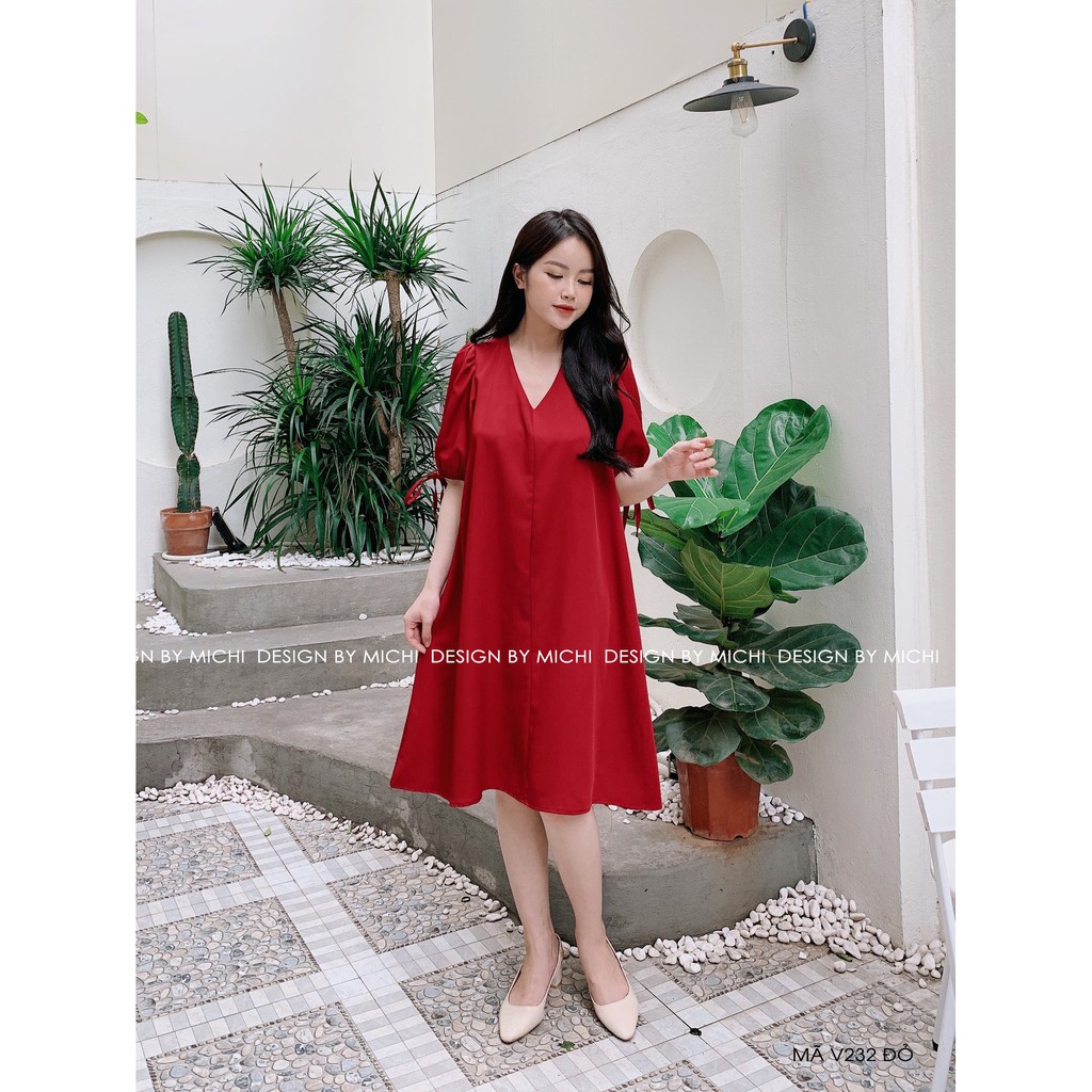 Váy thiết kế, dáng suông cổ V, tay nơ, đầm dáng xuông rộng, freesize 3 màu Xanh - Nâu - Đỏ, mã V232 - Michi's House | BigBuy360 - bigbuy360.vn