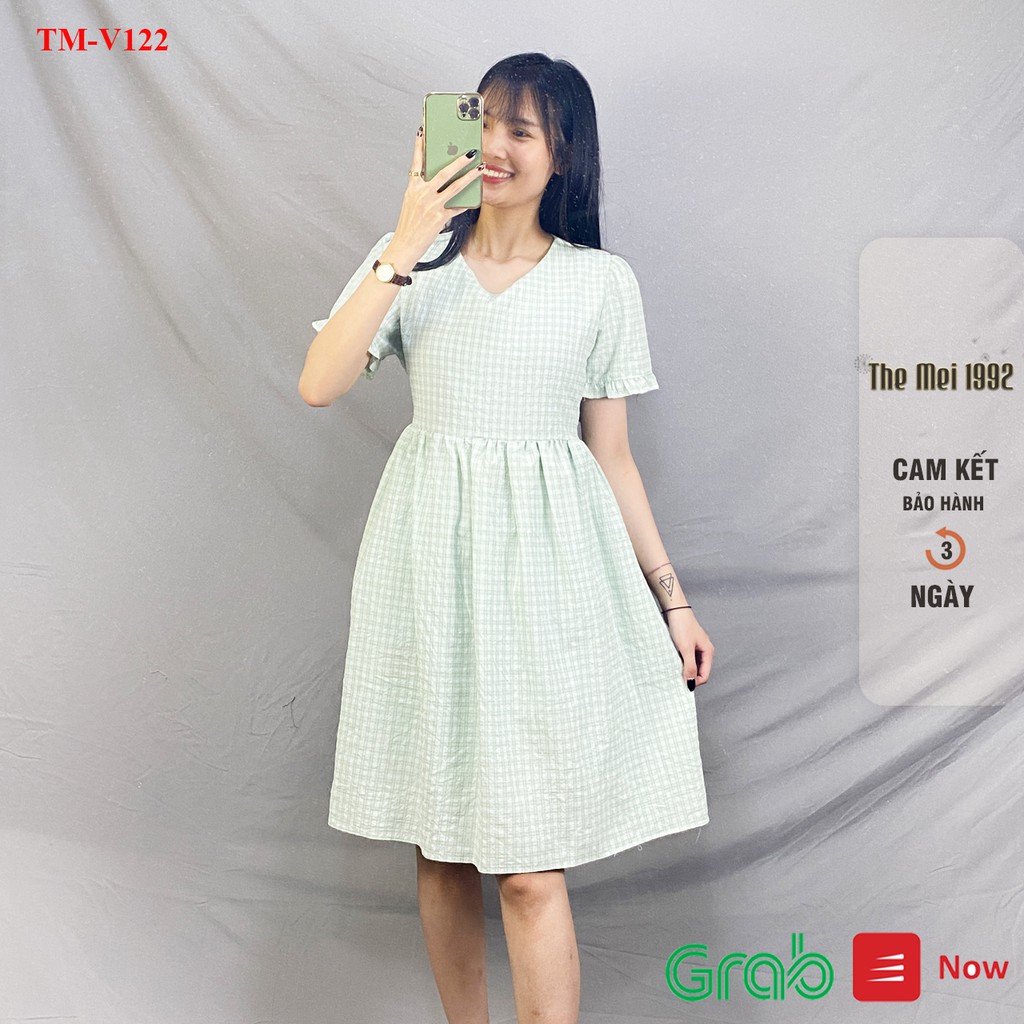 Váy suông nữ The Mei 1992- Đầm bầu bigsize cổ vuông chất cotton cao cấp mát mịn kẻ caro tay ngắn siêu xinh