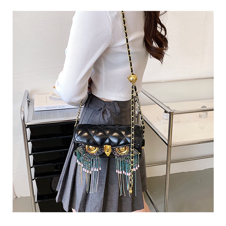 Túi đeo chéo JASMIN NOIR hình cú mèo họa tiết sọc caro phối tua rua thời trang cho nữ