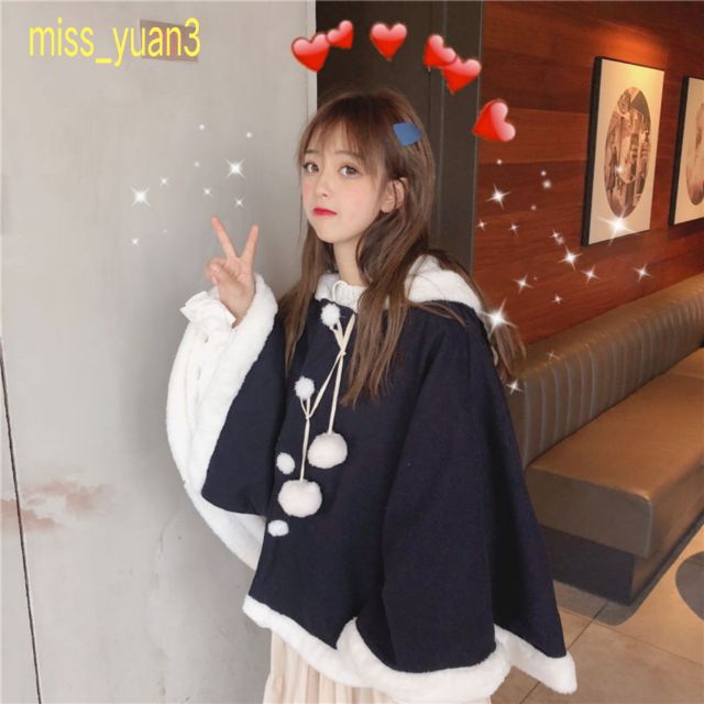 Áo khoác len phối nhung có mũ tai thỏ dễ thương thời trang thu đông cho nữ | BigBuy360 - bigbuy360.vn