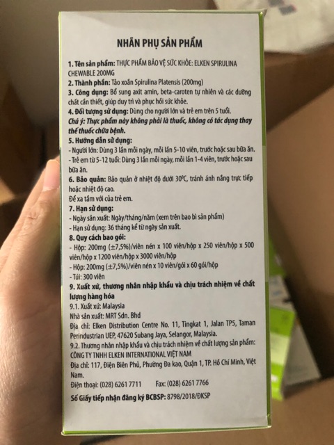 TPBVSK ELKEN CHEWABLE 200 MG, TẢO XOẮN ELKEN