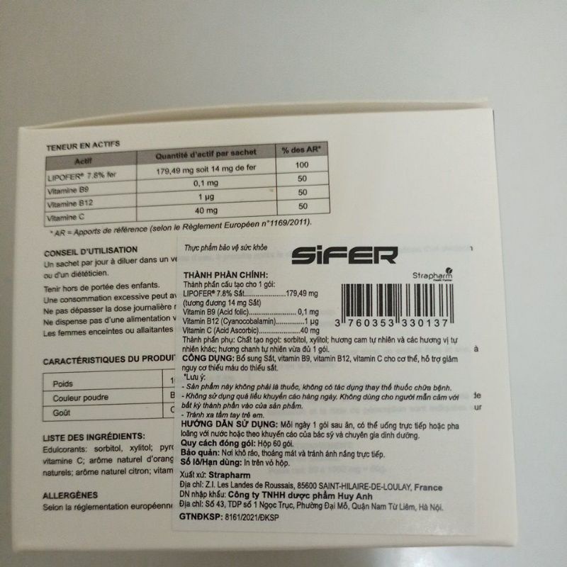 Thực phẩm bổ sung sắt, không gây táo bón Sifer hộp 60 gói.sắt hữu cơ sinh học