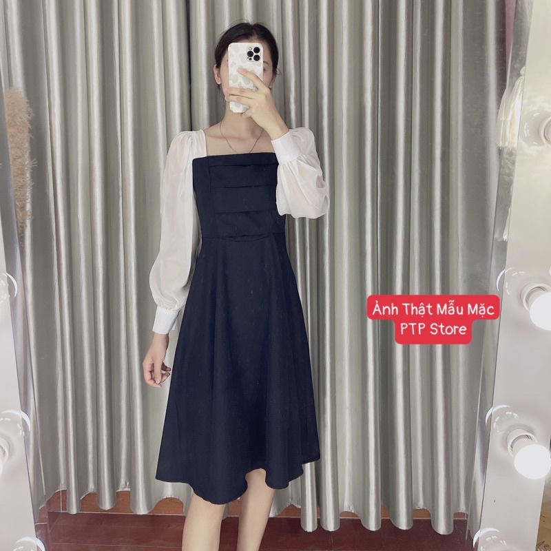 Váy Cổ Vuông Ly Ngực Tay Phối Trắng Dáng Dài Siêu Xinh, Đầm Nữ Dáng Suông Có Ảnh Thật Kèm Video | BigBuy360 - bigbuy360.vn