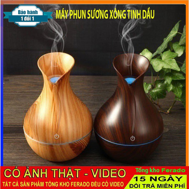 Máy xông tinh dầu vân gỗ hình lọ hoa, Máy khuyếch tán tinh dầu, Đèn xông hơi tỏa hương, tạo đổ ẩm hiệu quả