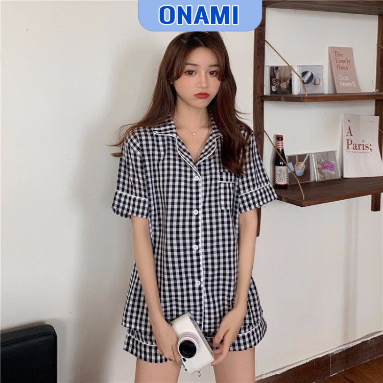 Bộ Ngủ Pijama Cộc Đùi Kẻ Caro Chất Cotton Dệt Loại 1 Nữ PJM006