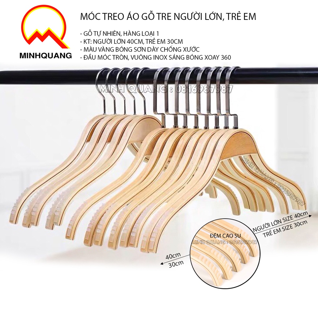 MÓC GỖ TREO QUẦN ÁO VAI TRE MÀU VÀNG, CÓ ĐỆM CAO SU CHỐNG TUỘT Ở VAI, DÙNG CHO CỬA HÀNG VÀ SHOP THỜI TRANG