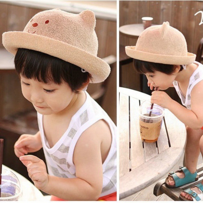 Mũ Cói Hình Gấu Con Dễ Thương Cho Trẻ Em
