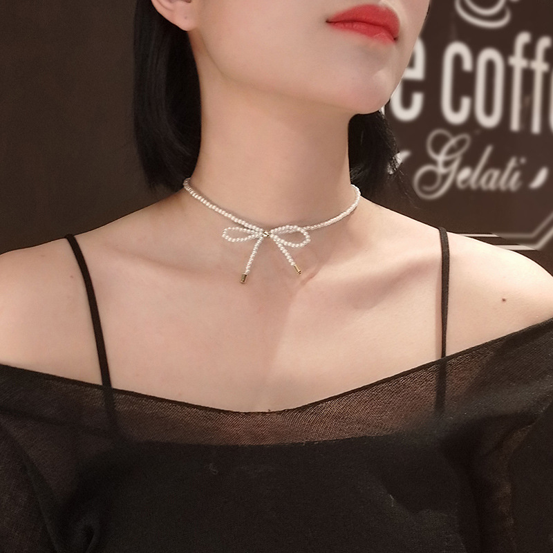 Vòng Cổ Choker Thiết Kế Hình Nơ Đính Ngọc Trai Nhân Tạo Thời Trang