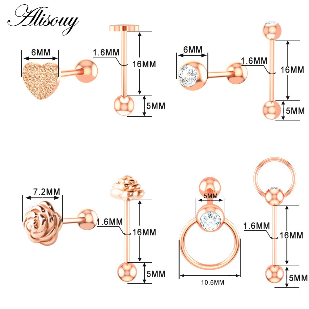 Alisouy 1 Khuyên Lưỡi / Môi / Lưỡi Bằng Thép Không Gỉ Đính Đá zircon Hình Hoa / Trái Tim Trọng Lượng 14g