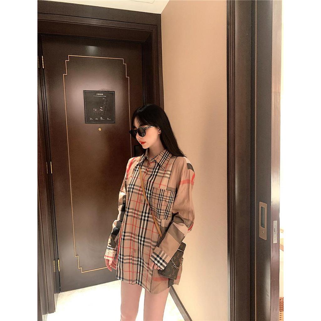 BURBERRY Áo sơ mi nam tay dài họa tiết ca rô thời trang